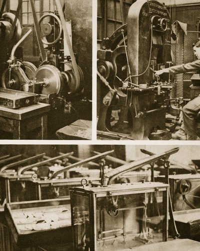 Money making-stamping and milling the disks and weighing the finished coins by English Photographer